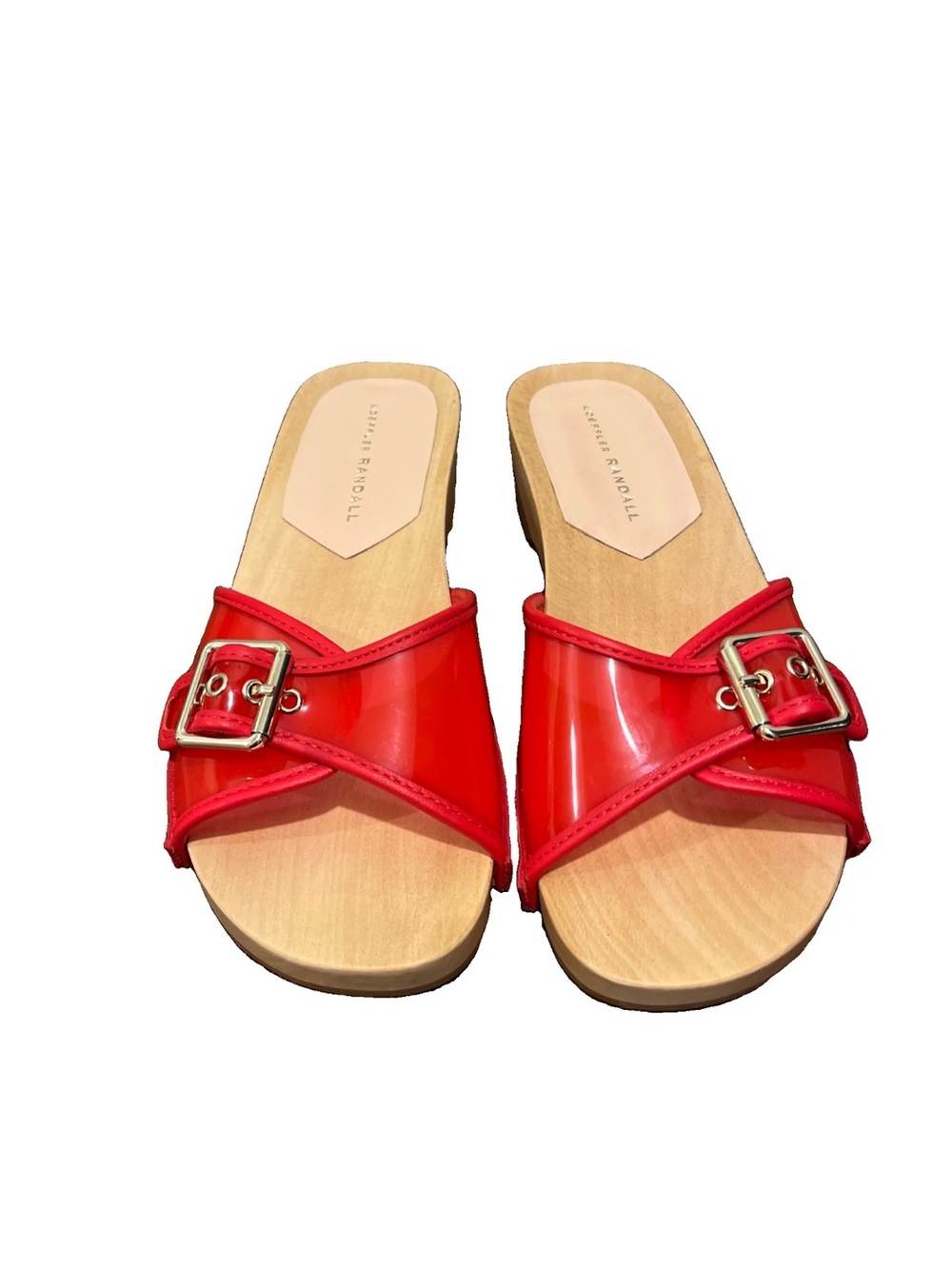 NWOB Loeffler Randall Paulie Red Patent Slide Sandals with Gold Buckle Sz 6